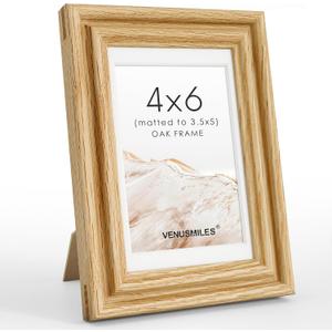 4x6 Picture Frame with Mat Adaptable Display Size for 3.5x5, Natural Solid Oak Wood Frame, HD Tempered Glass, Mortise and Tenon Nail Free Joint, Table-top or Wall Display, Horizontally & Vertically