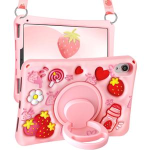 Boaretiu for iPad mini 7 A17 Pro Case for iPad mini 7th/6th Generation - Soft Silicone Cute Cartoon with Shoulder Strap & Rotating Stand Kawaii for Women Girls Girly Kid Teens Cover, Strawberry