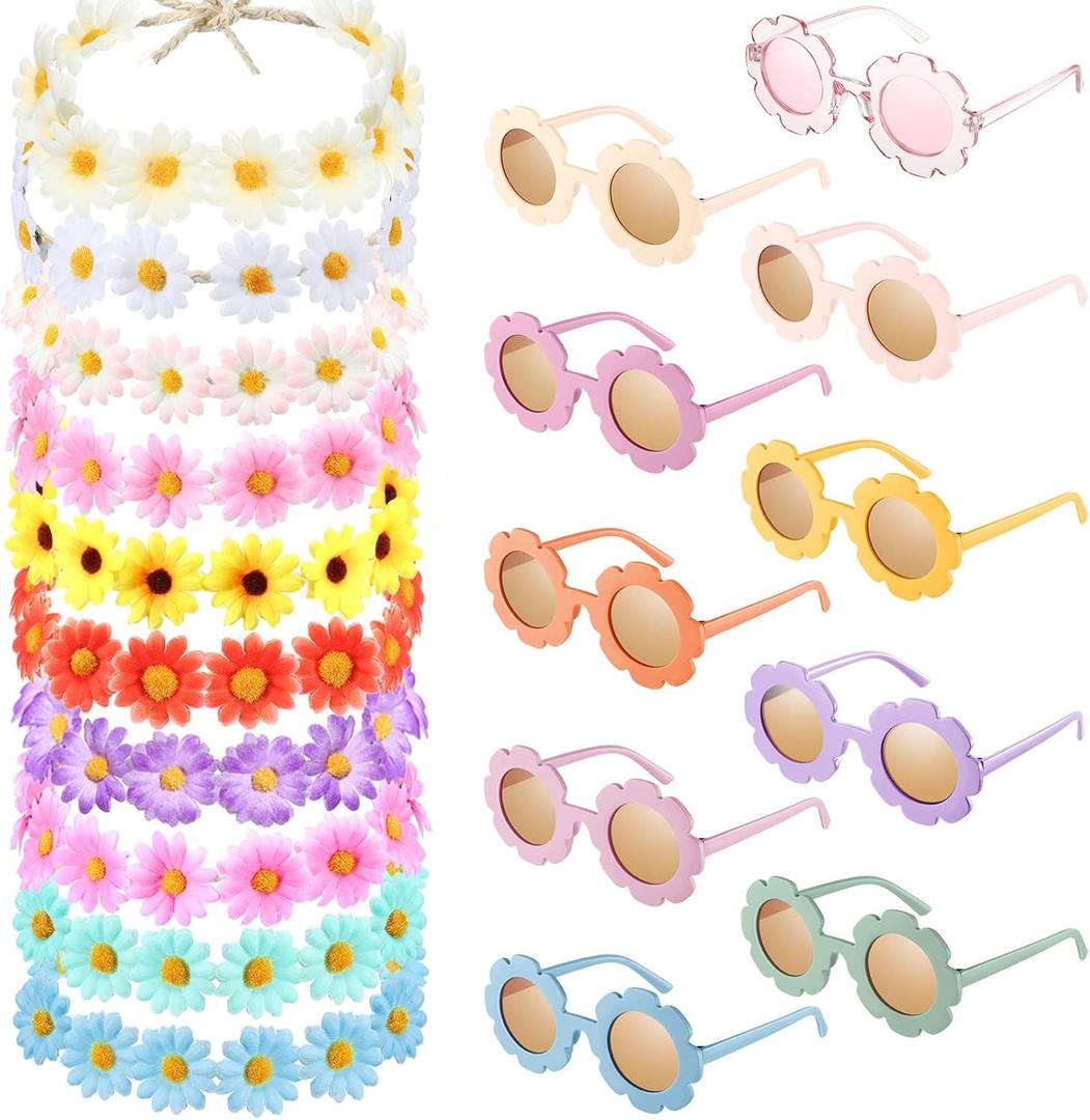 Groovy Retro Flower Sunglasses Headbands Party Favors Daisy Flower Costume Accessories Set 60s 70s Party Gifts for Kids (12 Pcs)