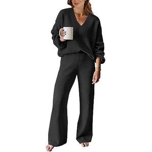 ANRABESS Women 2 Piece Outfits Sweater Lounge Sets Long Sleeve Cable Knit Pullover and Wide Leg Pants Tracksuit Matching Set, Size M