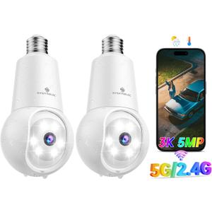 SYMYNELEC Light Bulb Security Camera: 5G WiFi Socket Camera Outdoor - Wireless Lightbulb Camera Waterproof for Home with 3K Night Vision Motion Detection 2Packs