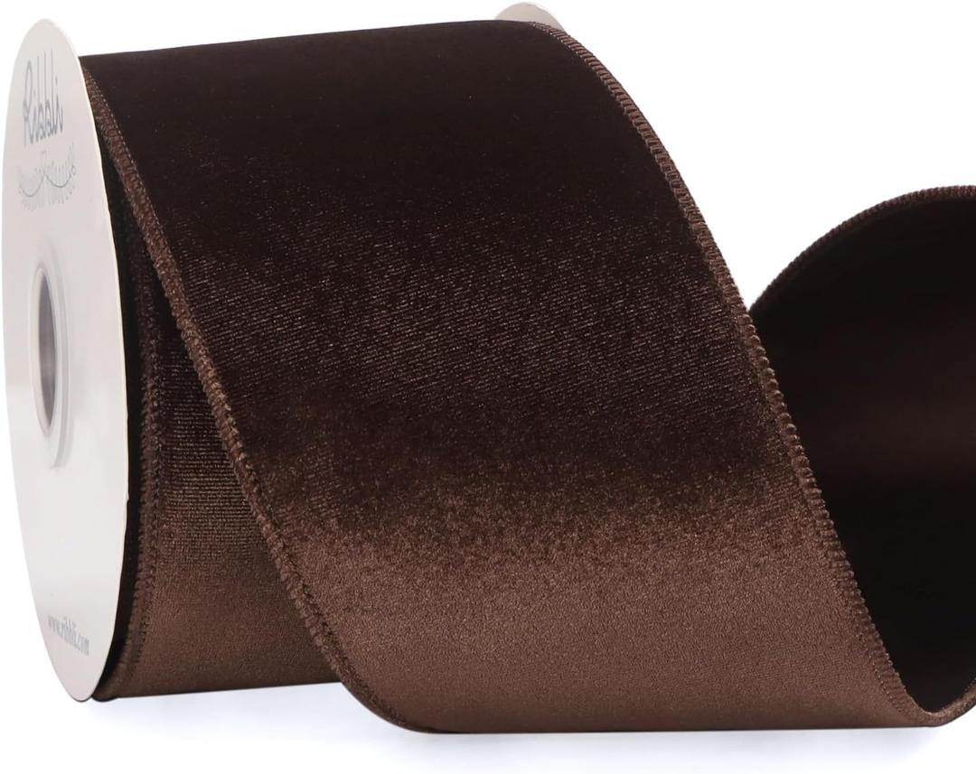 Ribbli Dark Brown Velvet Wired Ribbon 4 Inch Velvet with Satin Christmas Ribbon for Gift Wrapping Christmas Tree Decoration Crafts Wreaths Supplies-Continuous 10 Yards