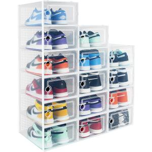 Hrrsaki Stackable Clear Shoe Storage Boxes - 15 Pack Foldable Organizers for Closet and Entryway, White (15 Count Fit Size 9)