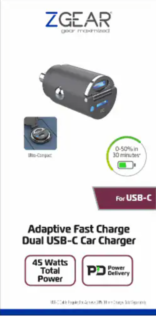 ZGEAR Adaptive Fast Charger Dual USB-C Car Charger, 45 Watts Total Power, for USB-C