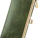 GOIACII Womens Wallet Ladies Vintage Billfold Compact Card Holder Long Zip Clutch Purse with Kiss Lock Green