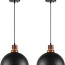 Black and Wood Pendant Lights 2 Pack, 11.8" Hammered Metal Dome Pendant Light Fixture Modern Black Pendant Lighting Hanging Ceiling Light for Kitchen Island Dining Living Room Restaurant