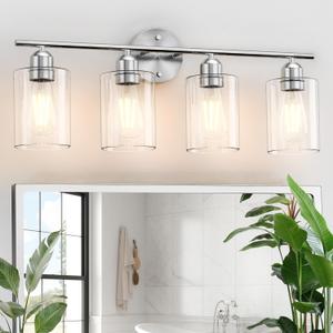 Espird Bathroom Vanity Light Fixtures Brushed Nickel,4 Lights Rustic Farmhouse Vanity Bar Lighting Over Mirror Modern Industrial Wall Sconces Lamp with Cylinder Glass Shade