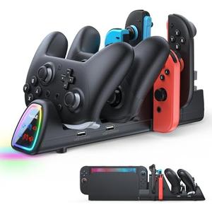 FASTSNAIL [Switch 1/2 Compatible] Controller Charging Dock for Nintendo Switch 2/1 for Joycon 2, 10 in 1 Fast Controller Charger Station Stand for Pro Controller 2/1 with 11 RGB Modes, LED Indicator, Black