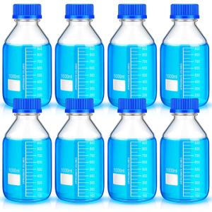 Irenare Media Storage Bottles Borosilicate Storage Glass Scientific Round Graduated Media Bottle with Blue Gl45 Screw Cap for Lab Water Reagent Liquids(1000 ml,8 Pcs)