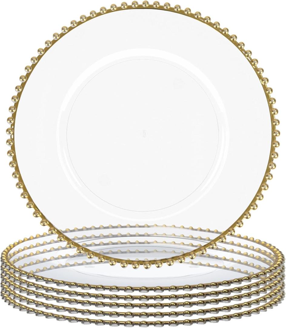 MAONAME 13" Clear Charger Plates Set of 6, Round Plate Chargers with Gold Beaded Rim, Table Charger for Dinner Plates, Plastic Chargers for Table Setting, Wedding Decor MAONAME 13" Clear Charger Plates Set of 6, Round Plate Chargers with Gold Beaded Rim, Table Charger for Dinner Plates, Plastic Chargers for Table Setting, Wedding Decor