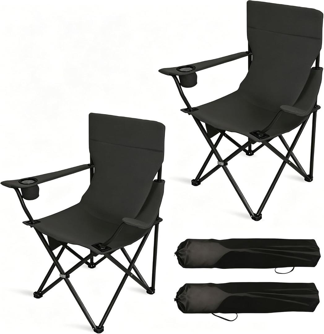 2 Pack Folding Camping Chair, Waterproof Oxford Cloth Outdoor Chair with Cup Holder & Side Pocket, Heavy Duty Steel Frame Foldable Chair Supports 300lbs for Camping Hiking Beach, Navy Blue