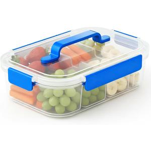 Li & Zhao Snackle Box Container - 4-Compartment Divided Snack Serving Tray with Silicone Handle, Perfect for Picnics, Leak-Proof, and Dishwasher-Safe Dressing Containers(Blue)
