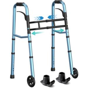 HOMENURSE Narrow Walkers for Seniors, Folding Walker with Skis and 5" Wheels for Small Spaces, Adjustable Width & Height, Aluminum Lightweight Standard Rolling Walker, Support Up to 350lbs, Blue