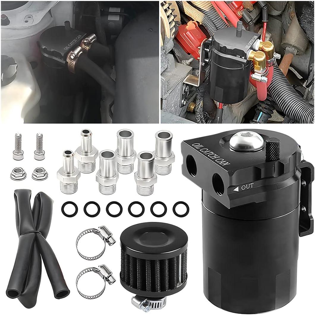 AICEL Baffled Oil Catch Can Kit, Aluminum Polish Baffled Car Oil Separator Catch Can with Fuel Line Hose Kit, Car Accessories 300ml Universal Oil Reservoir Tank with Breather Filter (Black)