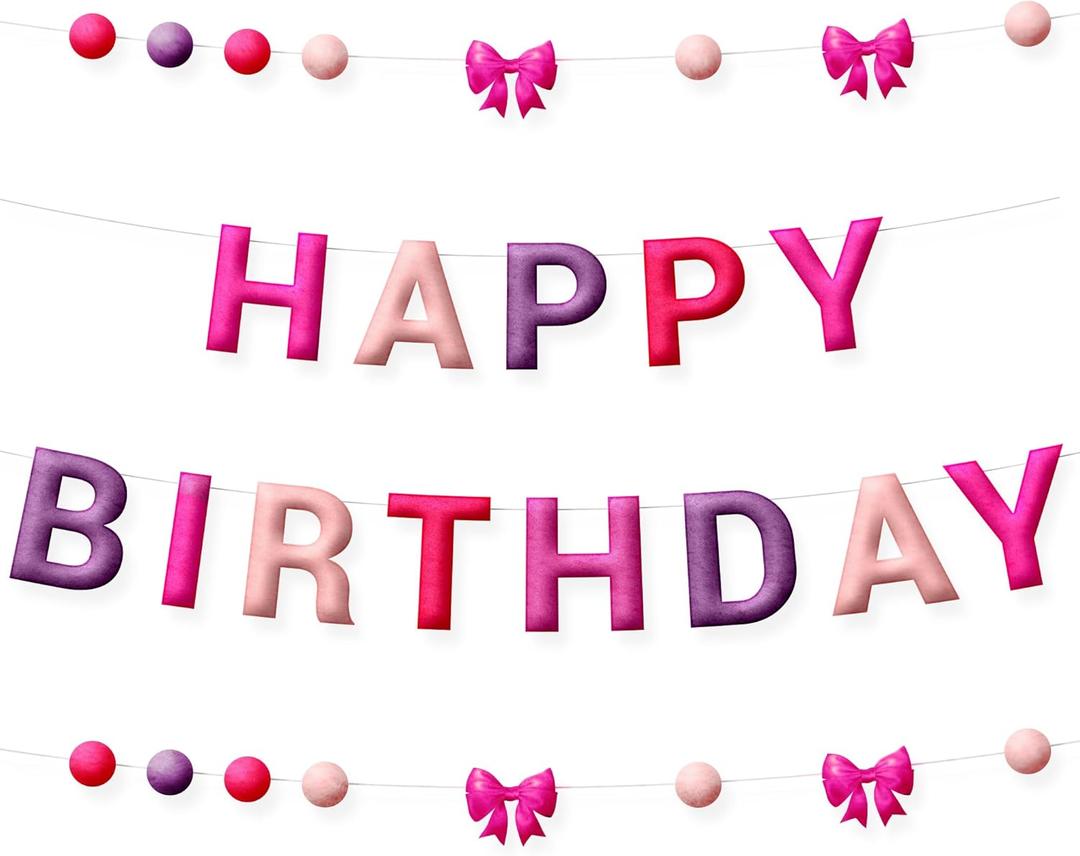 HOUSE OF PARTY Felt Happy Birthday Banner | Pink Bow Banner | Happy Birthday Sign for Grils Women Bachelorette Coquette Party Backdrop Decorations (Purple pink)