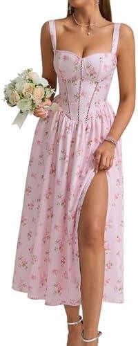 KUTUMAI Floral Corset Midi Dress Flowy Slit Summer Spring Wedding Guest Dresses for Women Sundress with Pockets, Size L