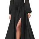 Firfig Women Mesh Deep V Neck Open Back Sheer Long Sleeve Slit Leg Bridesmaid Maxi Dress Cocktail Party Wedding Guest Dresses, M