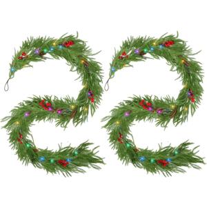 9FT Norfolk Pine Garland with Lights, 2 Pcs Realistic Christmas Garland Decoration Prelit Real Touch Cedar for Mantle Fireplace Outdoor Indoor Decorations