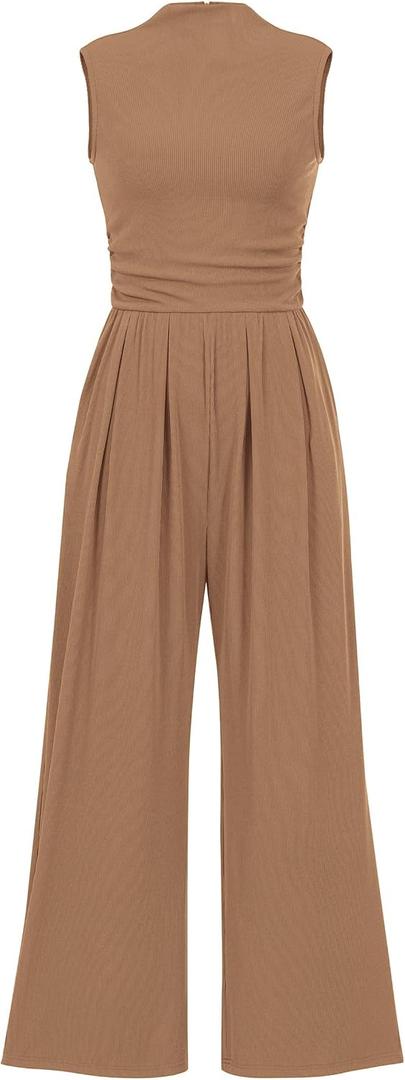 PRETTYGARDEN Womens Summer Jumpsuits Dressy Casual One Piece Outfits Sleeveless Mock Neck Wide Leg Pants Rompers with Pockets (XXL)