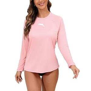 Halcurt Women's Long Sleeve Rash Guard Swim Shirt with Built in Bra Lightweight UPF50+ Quick Dry Swimsuit Top Pink L