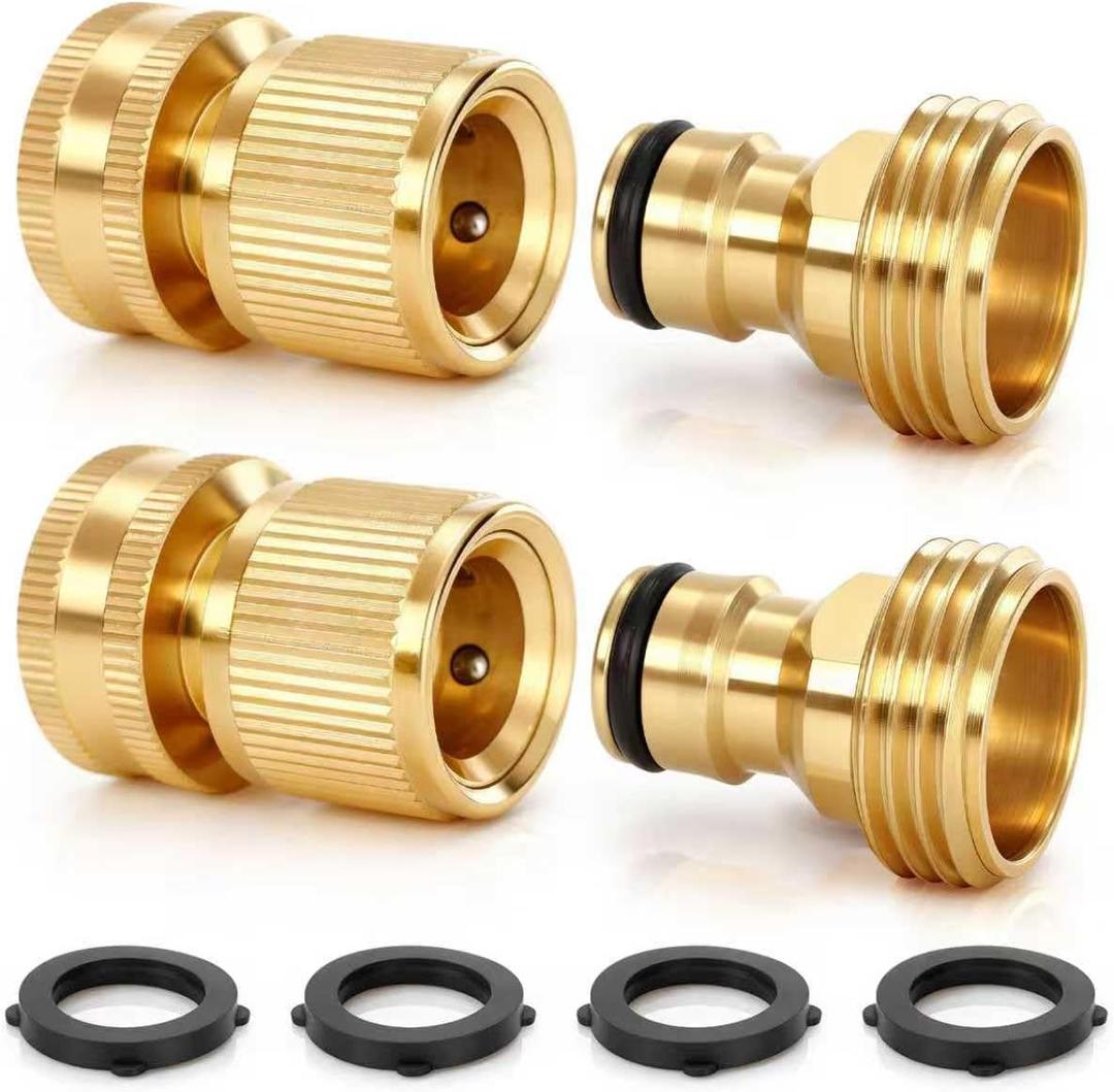 Garden Hose Quick Connect, Solid Brass 3/4 Inch GHT Leak-Proof Connectors, Heavy Duty Male & Female Quick Connect Hose Fittings, Easy Connect Water for Sprinkler & Pressure Washer (2 Pack)