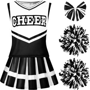Spooktacular Creations Girl Cheerleader Costume, Halloween Cute Cheer Uniform Outfit with Accessories for Dress Up Parties (Large(10-12 yrs), Black White)