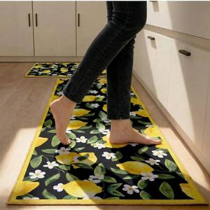 Sliner Black 2 Pcs Lemon Kitchen Mats Lemon Kitchen Rugs for Floor Washable Soft Non Slip Carpet for Bathroom Sink Laundry Decor, 17" x 30" + 17" x 47"