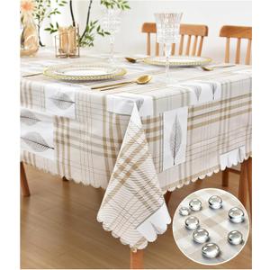 Gingham Tablecloths Plaid Leaf Table Cloth - Checkered Oilcloth Waterproof Vinyl and Polyester Backed Tablecloth, Fall Thanksgiving Christmas Kitchen Holiday Outdoor Picnic Decoration, 47*60 inch (Beige)