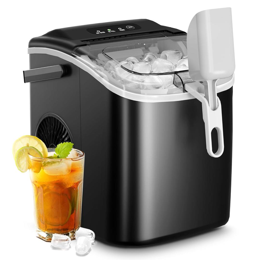 AGLUCKY Ice Makers Countertop, Portable Ice Machine Maker with Handle, Self-Cleaning, 26Lbs/24H, 9 Cubes Ready in 6 Mins, Scoop and Basket, for Home/Office/Kitchen (Black)