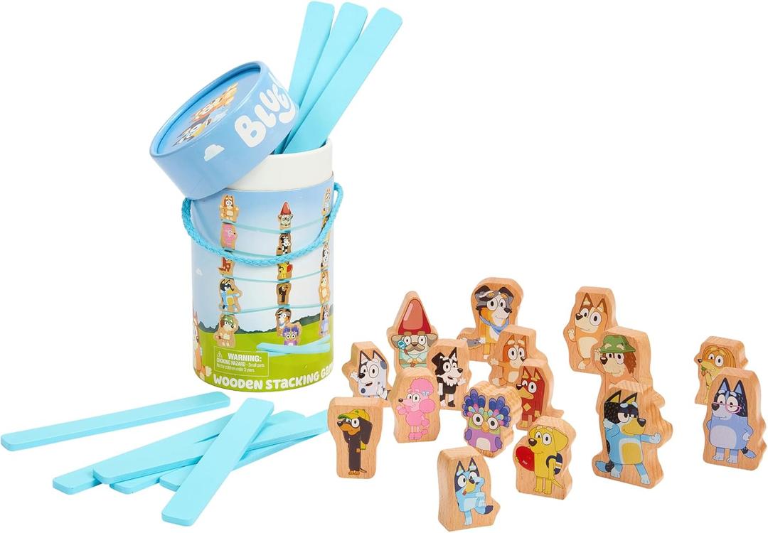 Bluey Stacking Game  Spin, Balance & Play with 15 Fun Character Pieces & Sticks, Exciting Wooden Stacking Game for Kids, Toddlers & Families Ages 3+