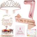 7th Birthday Decorations for Girls - Cake Topper, Queen Sash With Pearl Pin, Rhinestone Tiara Crown, Number Candles and Balloons Set, Rose Gold