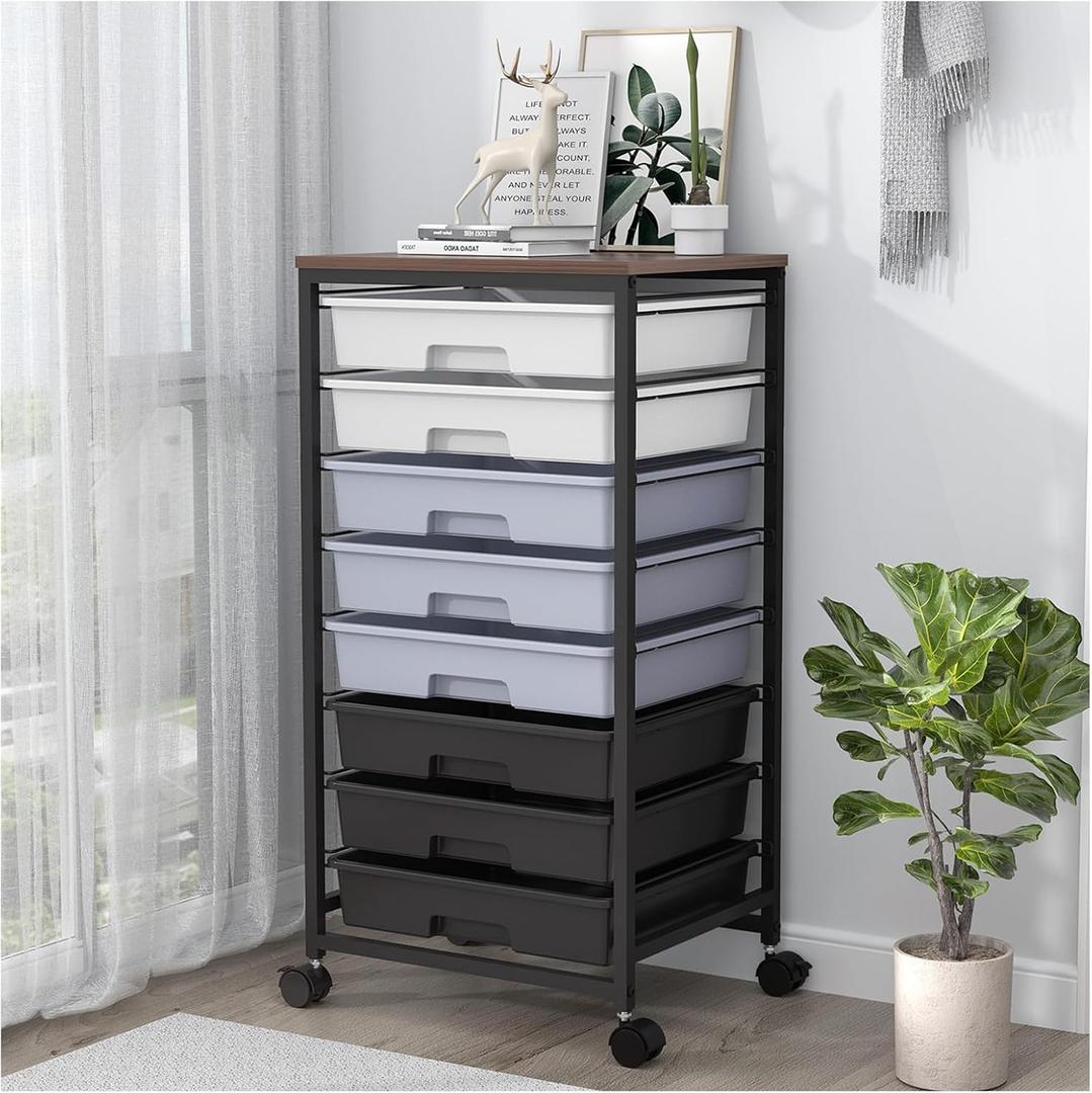 Rolling Cart with Drawers,Utility Cart with 8 Drawers and Wooden Tabletop for Living Room,Classroom,Bedroom,Bathroom,Dorm,Office,Dark Grey (Gray)