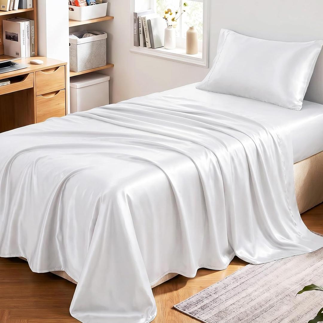 CozyLux Satin Sheets Twin XL Sheets - 3 Piece Silky XL Twin Sheet Set, Luxury Extra Long White Sheet with Smooth and Soft Microfiber, Includes 1 Fitted Sheet, 1 Flat Sheet and 1 Pillowcase