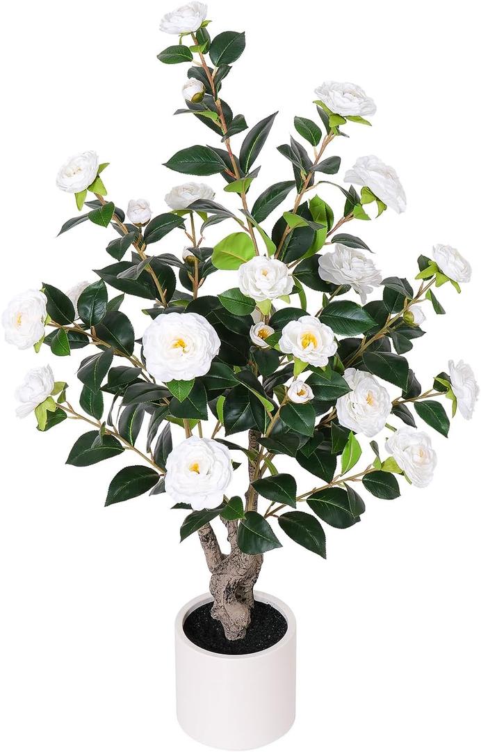 39 inch White Fake Camellia Tree with White Planter - 3.2 Ft Tall Artificial Tree,Large Faux Plants Indoor Outdoor,Housewarming Gift