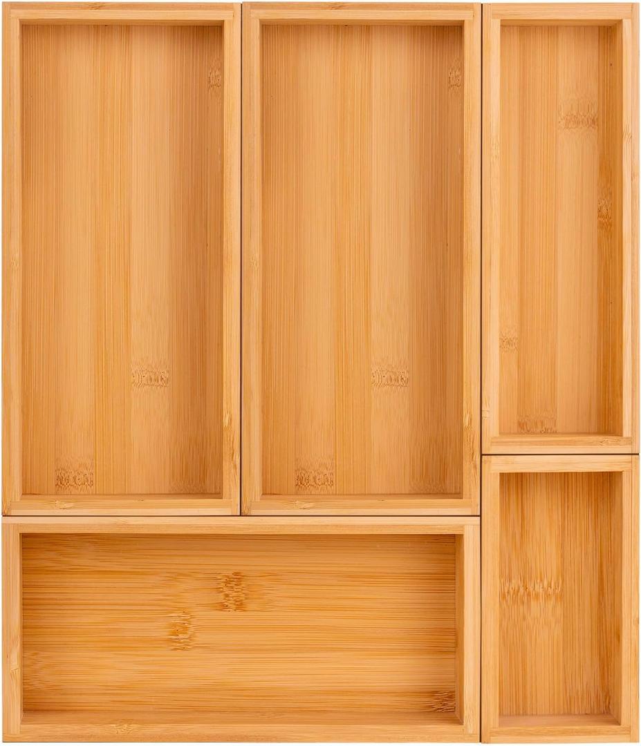 Bamboo Drawer Organizer Setexpandable Drawer Dividers,Wooden Storage Organizers,Large Trays for Kitchen, Bathroom,Flatware,Tea Bag Organizer (1 X 5PCS Natural)