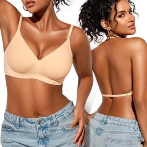 Low Back Bra for Women Wireless, Backless Low Cut V Neck Bralette, Invisible No Show Multiway Convertible Halter Bras (US, Alpha, Small, Regular, Regular, Skin-02)