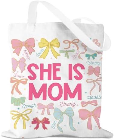 GHUSDFM Bows Canvas Tote Bag Mom Gifts, Inspirational Christian Birthday Gift for Women Mama Mothers Day Reusable Grocery Bag