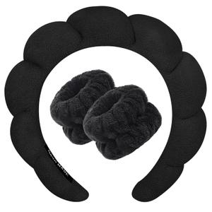 Zkptops Spa Headband for Washing Face Wristband Sponge Makeup Skincare Headband Terry Cloth Bubble Soft Get Ready Hairband for Women Girl Puffy Padded Headwear Non Slip Thick Hair Accessory (Black)