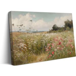 Vintage Wildflowers Landscape Wall Art Farmhouse Cottage Canvas Wall Decor Nature Country Floral Painting Picture Rustic Flower Poster Prints Artwork for Office Living Room Bedroom Bathroom (24L"x16W")