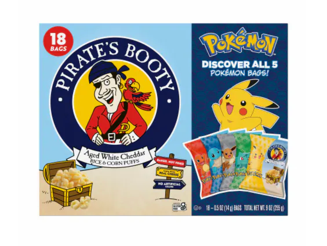 PIRATE'S BOOTY Pokémon Aged White Cheddar Rice & Corn Puffs, 0.5 oz Bags (18 Count), 3 Pack BBD: 01-26-26