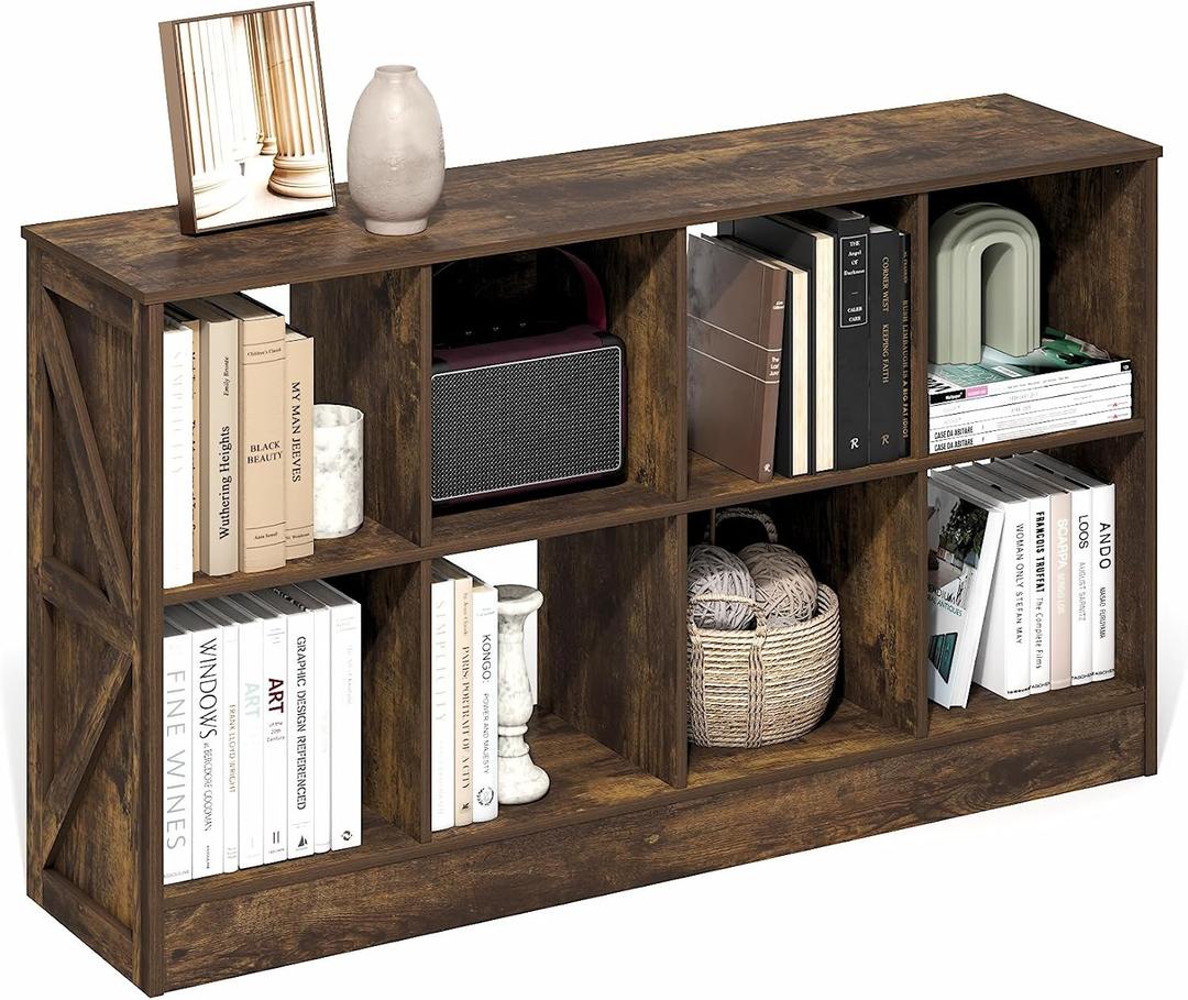 Furinno Jensen Book Shelf, 8-Cube Farmhouse Bookshelf, Display Bookcase, 11.8 x 47.6 x 26.8, for Living Room, Bedroom, Home Office, Amber Pine