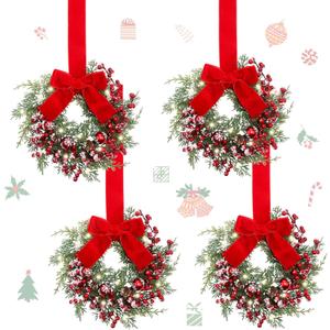 Hoteam 4 Pcs 9 Mini Decor Wreaths Small Cabinet Wreath with Rustic Bow Outdoor Decorations for Porch Window Farmhouse Decor(Bells and Red Berries)