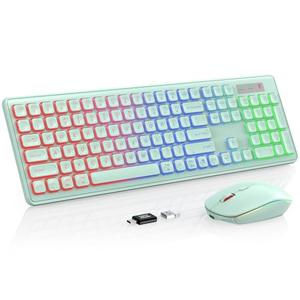 Wireless Keyboard and Mouse Combo - RGB Backlit, Rechargeable & Light Up Letters, Full-Size, Ergonomic Tilt Angle, Sleep Mode, 2.4GHz Quiet Keyboard Mouse for Mac, Windows, Laptop, PC, Mint Green