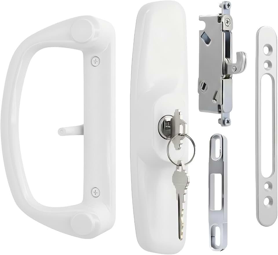 Aluminum Sliding Glass Patio Door Handle Set with Mortise Lock & Keys, Fits 1-1/4" to 2" Thick Doors 3-15/16" Hole Spacing, Adjustable Thumb Latch, Non-Handed, White