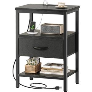 SUPERJARE Nightstand with Charging Station, Bed Side Table with Adjustable Fabric Drawer, Night Stand for Bedroom, 3-Tier Storage End Table, for Living Room, Black (M (11.8"D x 15.7"W x 23.4"H))