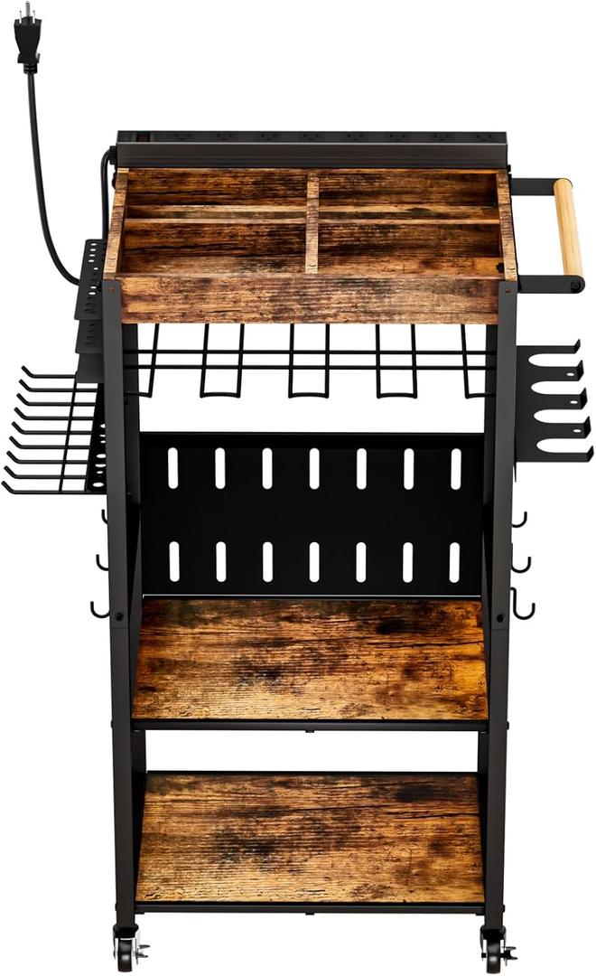 Heavy-Duty Power Tool Organizer with Charging Station, Premium Thickened Wood Panels, 4 Layers + 4 Multi-Functional Side Hooks Integrated Design Power Tool Organizers and Storage (Brown Wood + Black)