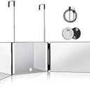 HIEEY 3 Way Mirror for Hair Cutting with LED,360 Trifold with Height Adjustable Telescoping Hooks,and 5X Magnification,for Makeup and Styling (Black)