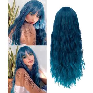 Netgo Teal Wig for Women, Dark Blue Wig with Bangs, Long Fluffy Curly Wavy Blue Hair Wigs for Girl Synthetic Daily Cosplay Party Wigs