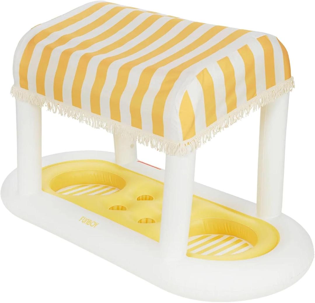 Giant Floating Yellow Cabana Stripe Drink Station, Removable Fabric Shade with Fringe, Perfect for Parties, Table-Top Decorations and in-Pool Refreshments., Large