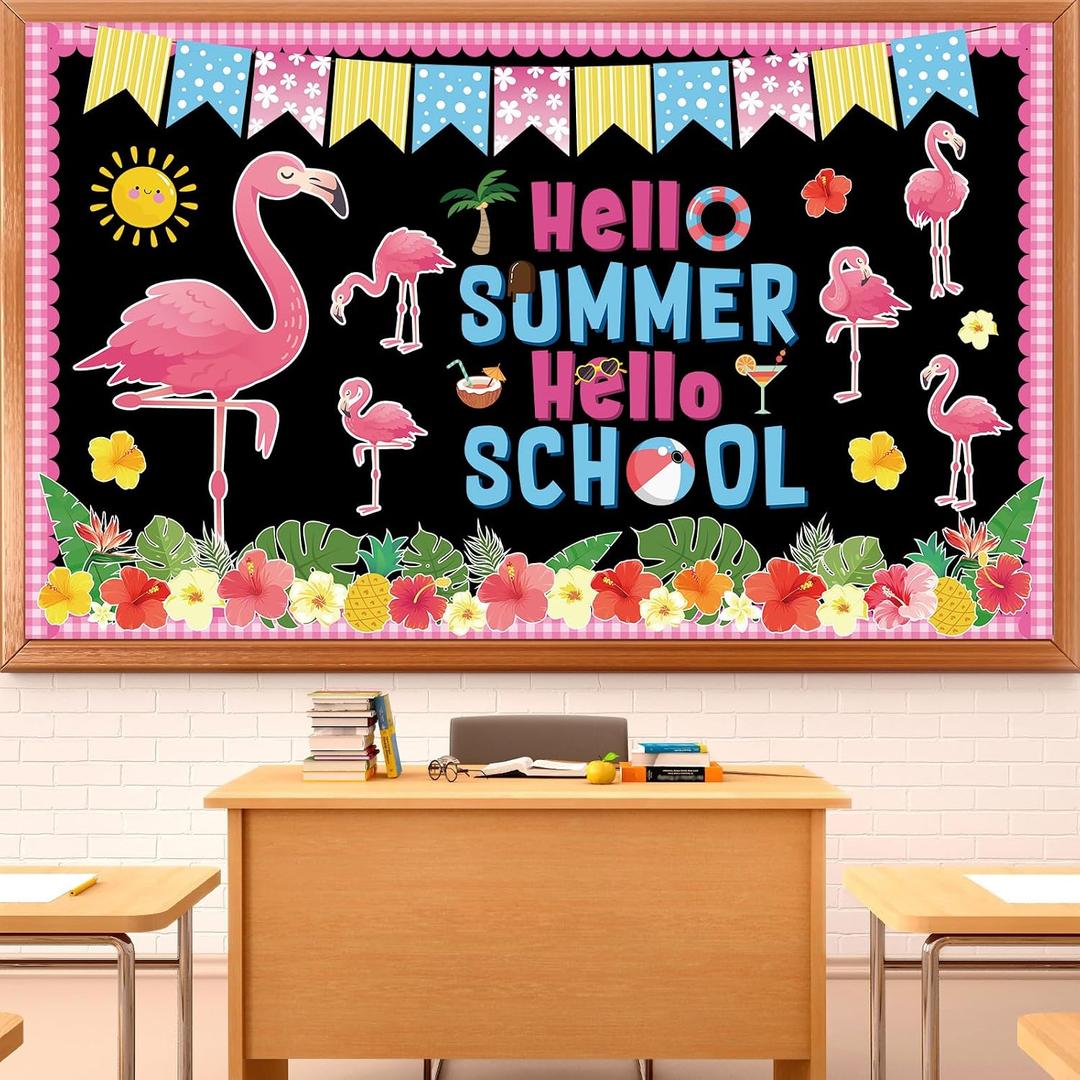Summer Bulletin Board Decorations Set Tropical Hawaiian May June Classroom Decor Pink Flamingo Palm Leaf Paper Cutouts for Hello Summer Back to School Library VBS Holiday Window Chalkboard Wall Decor